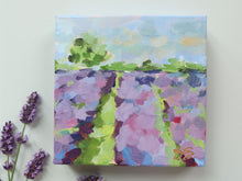Load image into Gallery viewer, Elizabeth Alice Studio lavender field acrylic painting, original painting on canvas, blue purple and green landscape of a lavender field reminiscent of Provence, colorful landscape painting, modern abstract impressionist landscape art
