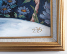 Load image into Gallery viewer, White Flowers, Navy Wallpaper - 19 x 25 framed