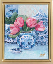 Load image into Gallery viewer, Pink Tulips, Blue Vase - 9 x 11 framed