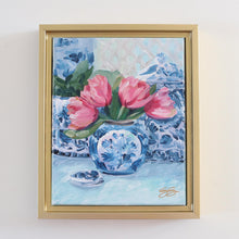 Load image into Gallery viewer, Pink Tulips, Blue Vase - 9 x 11 framed