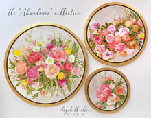 Load image into Gallery viewer, Elizabeth Alice Studio art original acrylic painting on wood, circular art, round gold frame, fall color art, orange flowers painting, orange floral bouquet, preppy art, art for transitional decor, abundance, painting collection, gallery wall, easy gallery wall, circular art, circular painting, round art, round painting, gallery wall with round frames