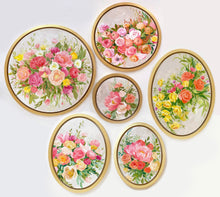 Load image into Gallery viewer, Elizabeth Alice Studio art original acrylic painting on wood, circular art, round gold frame, fall color art, orange flowers painting, orange floral bouquet, preppy art, art for transitional decor, abundance, painting collection, gallery wall, easy gallery wall, circular art, circular painting, round art, round painting, gallery wall with round frames