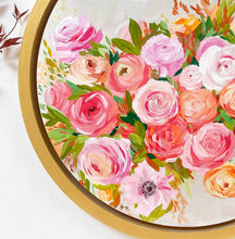 Load image into Gallery viewer, Elizabeth Alice Studio art original acrylic painting on wood, circular art, round gold frame, fall color art, orange flowers painting, orange floral bouquet, preppy art, art for transitional decor