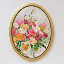 Load image into Gallery viewer, Elizabeth Alice Studio art original painting, acrylic painting on wood panel, oval painting with gold frame, unique art, floral art, modern flower art, updated traditional decor, pink green coral gold bouquet painting, expressive impressionist floral art, traditional decor
