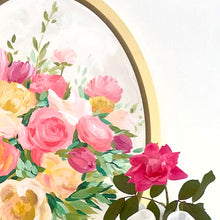 Load image into Gallery viewer, Elizabeth Alice Studio art original painting, acrylic painting on wood panel, oval painting with gold frame, unique art, floral art, modern flower art, updated traditional decor, pink green coral gold bouquet painting, expressive impressionist floral art, traditional decor