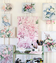 Load image into Gallery viewer, Large pink peony painting by Elizabeth Alice Studio, dreamy romantic floral painting, feminine art, large statement painting, macro painting