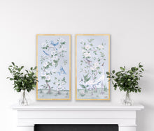 Load image into Gallery viewer, Cranes and Gardenias, a light blue chinoiserie fine art print