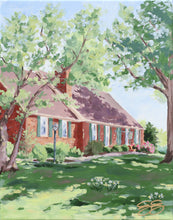 Load image into Gallery viewer, House portrait painting by Elizabeth Alice Studio, dappled sunlight brick house custom art commission, acrylic painting, house portrait painter