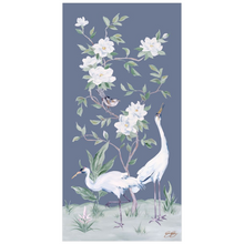 Load image into Gallery viewer, Cranes and Gardenias, a dark blue chinoiserie fine art print