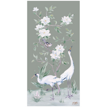 Load image into Gallery viewer, Cranes and Gardenias, a green chinoiserie fine art print