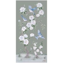 Load image into Gallery viewer, Bluebirds and Peonies, a green chinoiserie fine art print