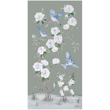 Load image into Gallery viewer, Bluebirds and Peonies, a green chinoiserie fine art print