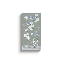 Load image into Gallery viewer, Bluebirds and Peonies, a green chinoiserie canvas wrap, available framed