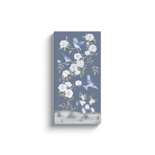 Load image into Gallery viewer, Bluebirds and Peonies, a dark blue chinoiserie canvas wrap, available framed