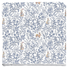 Load image into Gallery viewer, Bunny toile throw pillow, blue with colorful bunny

