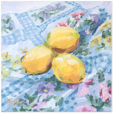 Load image into Gallery viewer, Lemons on floral fabric, a fine art print on paper
