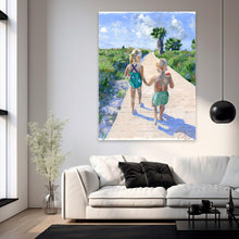 Load image into Gallery viewer, Beach babies: Sister and brother walking to the beach, a fine art print on paper
