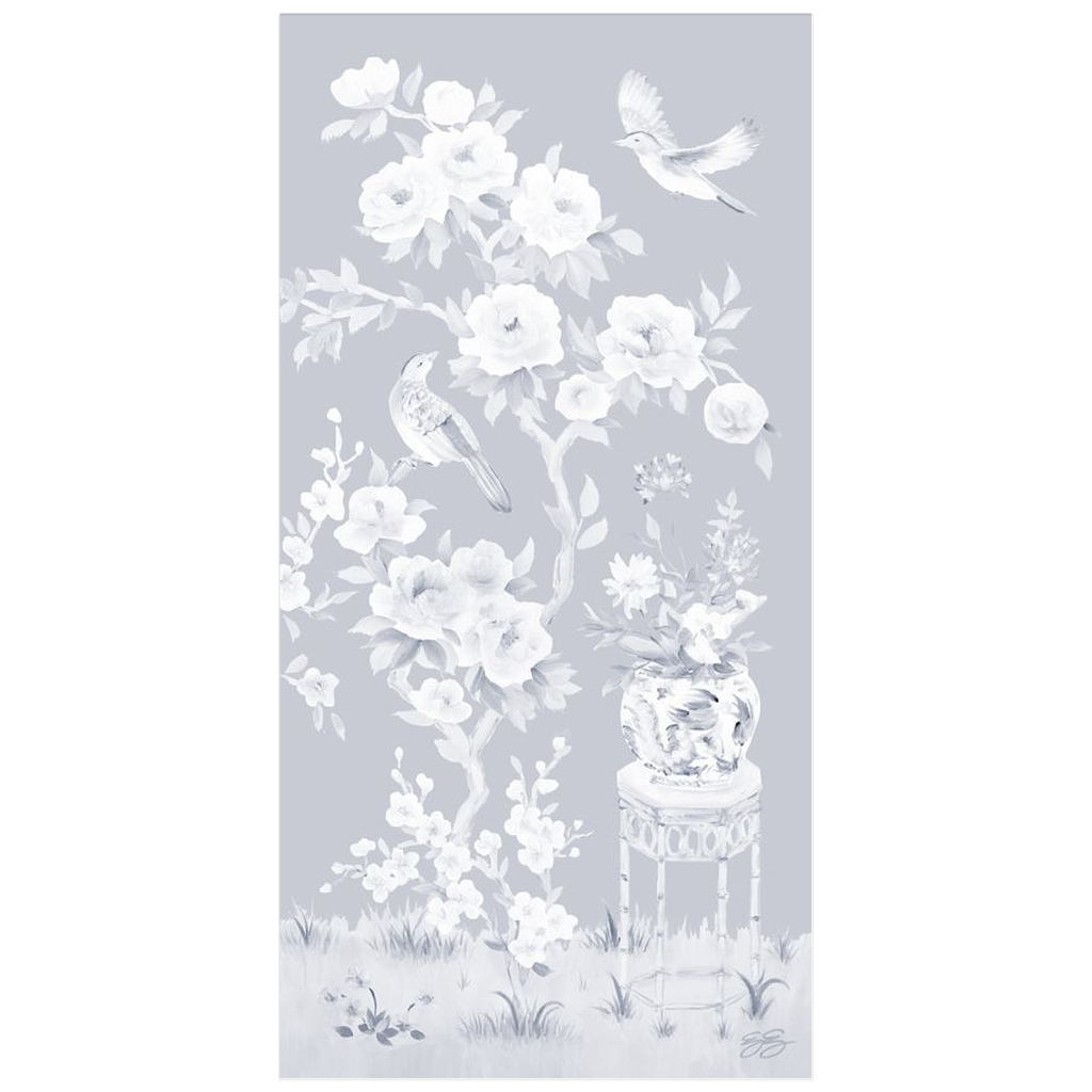 June, a tonal blue chinoiserie fine art print on paper with birds and peonies