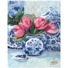 Load image into Gallery viewer, Pink Tulips, Blue Vase; a fine art print on canvas
