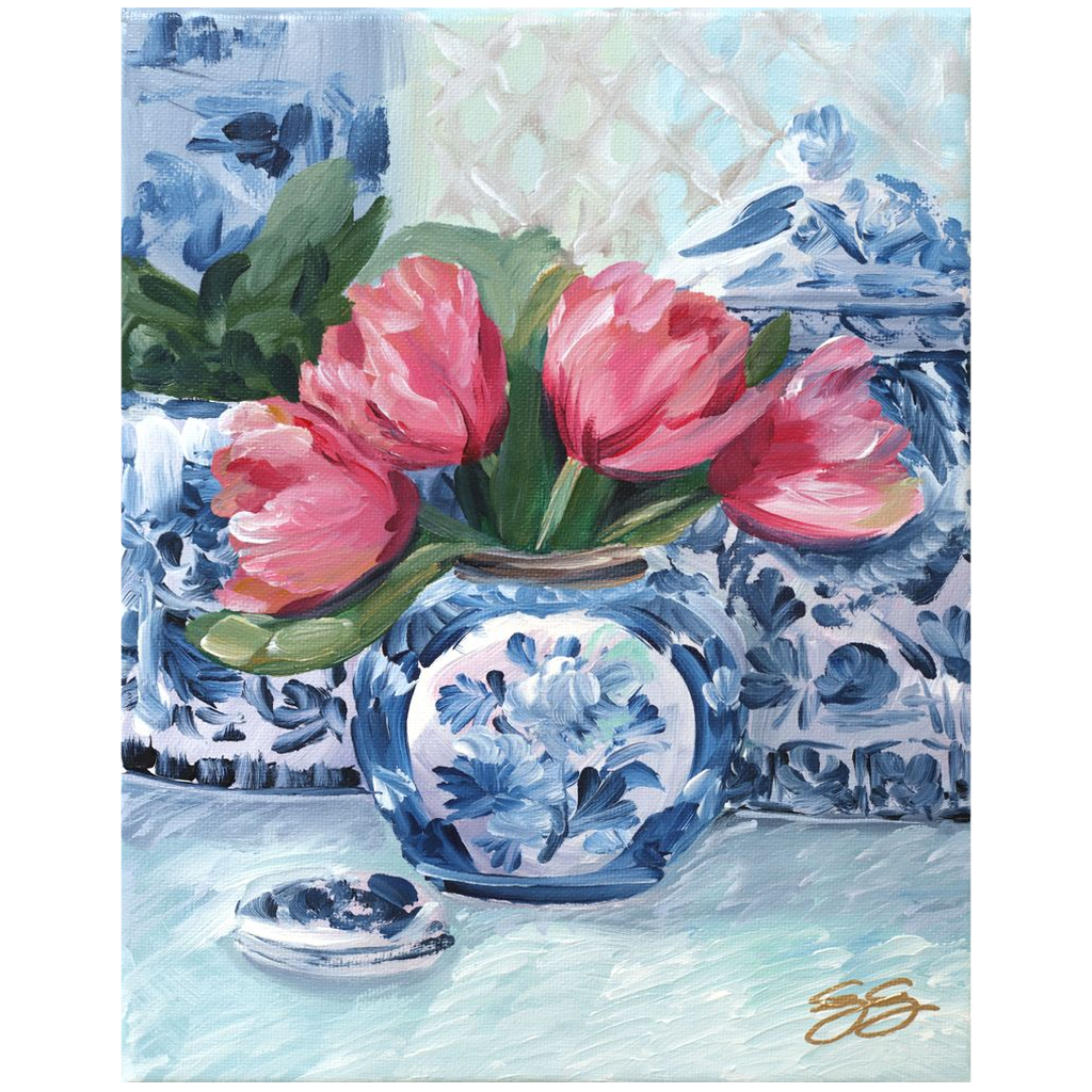 Pink Tulips, Blue Vase; a fine art print on canvas