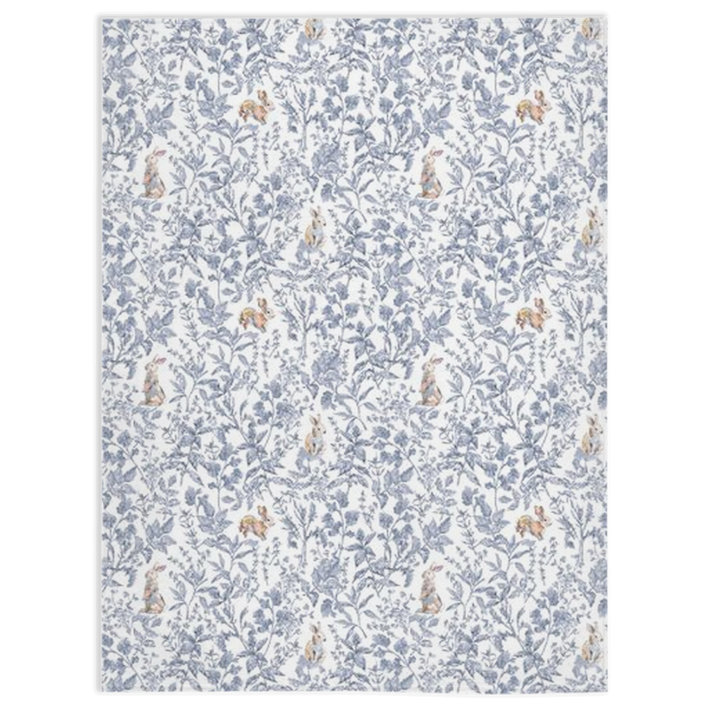 Bunny toile minky blanket, blue with colored bunnies