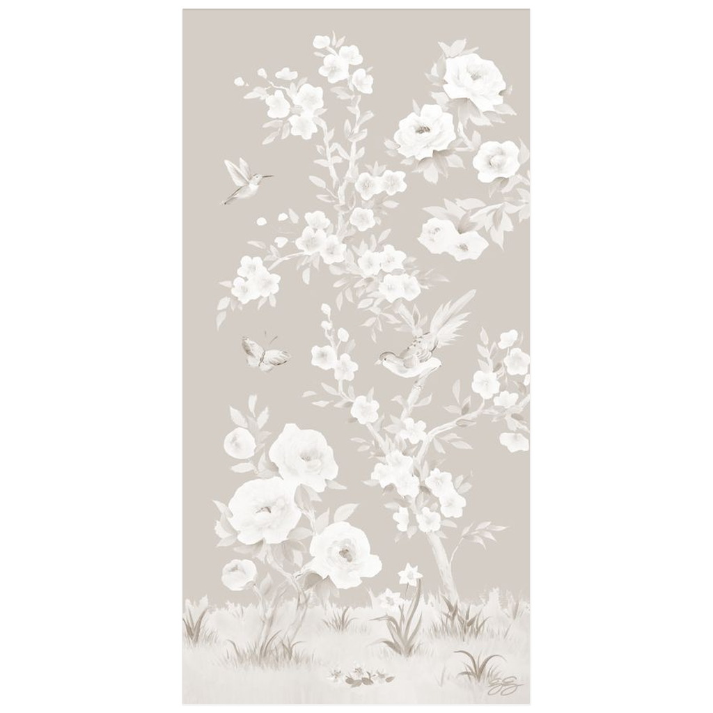 April, a tonal beige chinoiserie fine art print on paper with birds and cherry blossoms