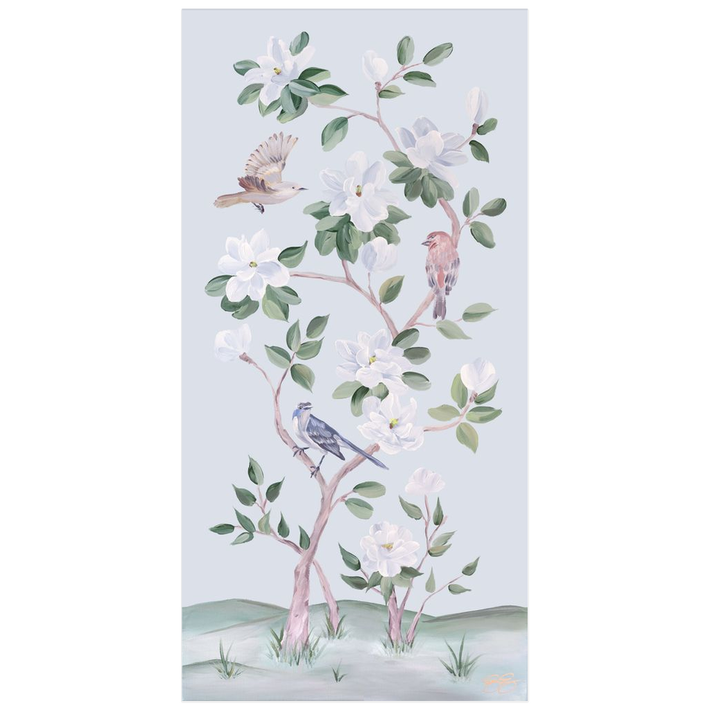 Songbirds and Magnolias, a light blue chinoiserie fine art print