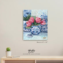 Load image into Gallery viewer, No. 186 Pink Tulips, Blue Vase canvas wrap, available framed
