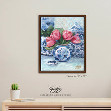 Load image into Gallery viewer, No. 186 Pink Tulips, Blue Vase canvas wrap, available framed
