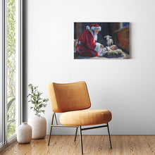 Load image into Gallery viewer, Santa kneeling before Baby Jesus, canvas wrap print
