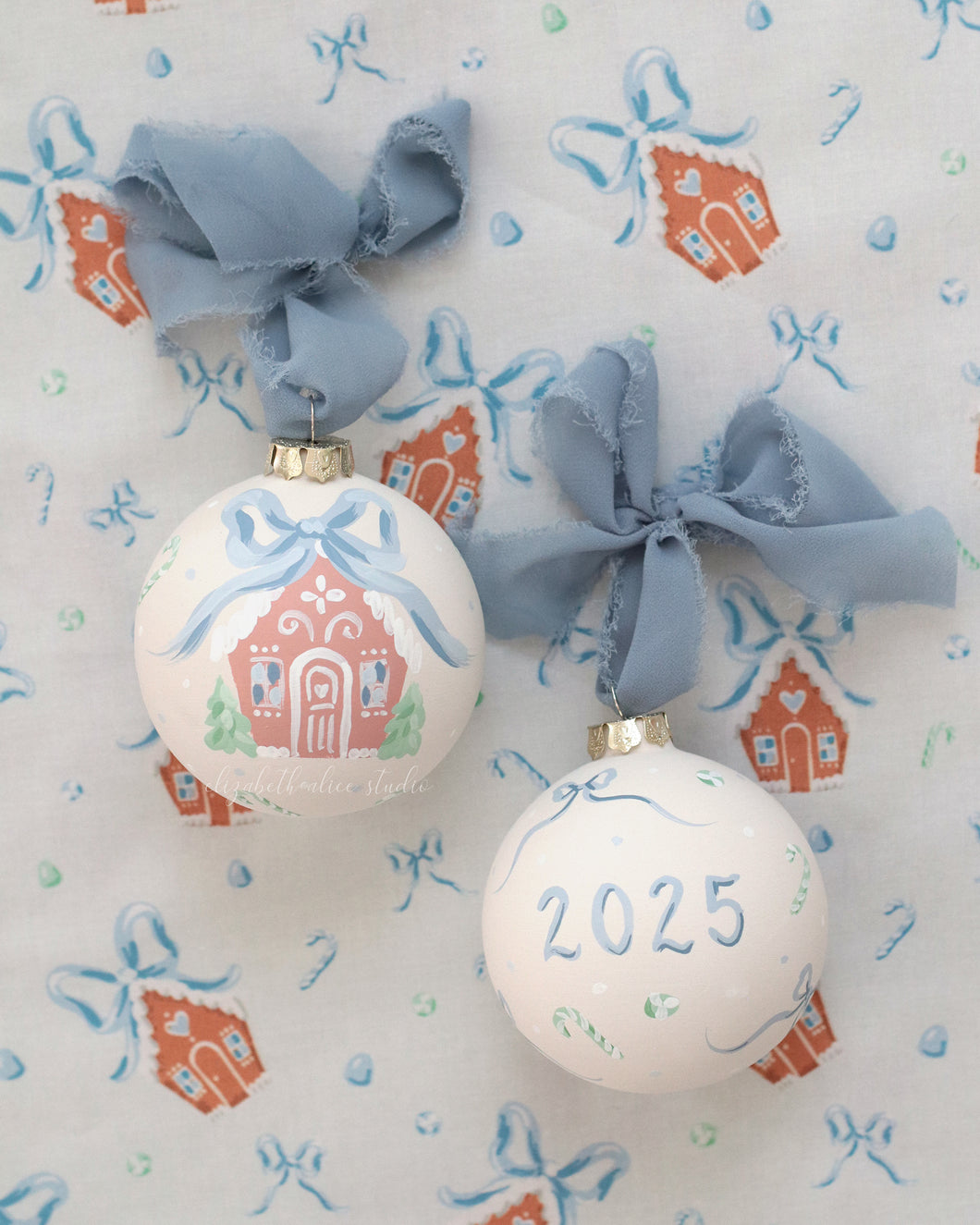 Blue gingerbread house hand-painted ornament