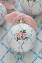 Load image into Gallery viewer, Ribbon trellis and rose hand-painted ornament (ships late November)
