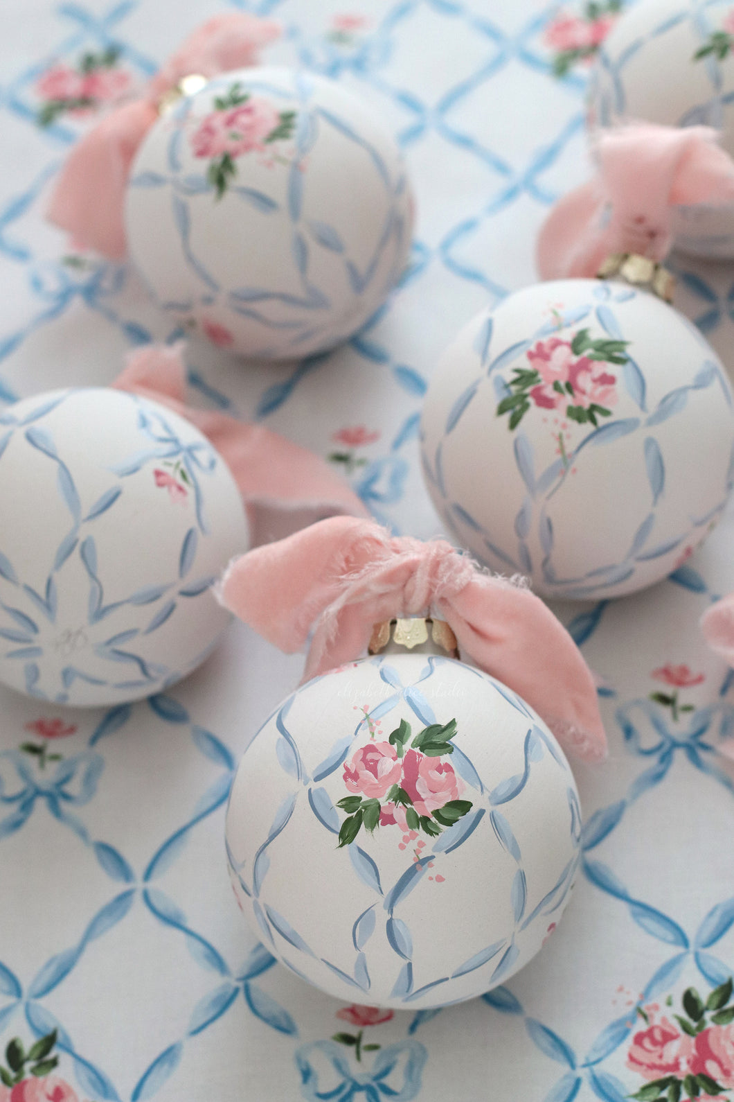 Ribbon trellis and rose hand-painted ornament (ships late November)