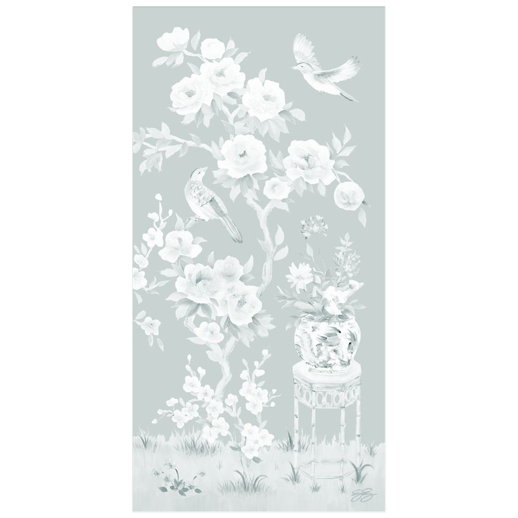 June, a tonal green chinoiserie fine art print on paper with birds and peonies