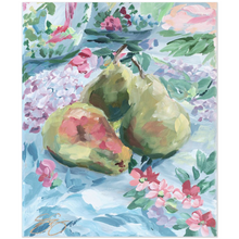 Load image into Gallery viewer, Pears on floral fabric, a fine art print on paper
