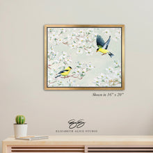 Load image into Gallery viewer, No. 264 Goldfinch and Dogwood, green chinoiserie canvas wrap, available framed
