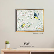 No. 264 Goldfinch and Dogwood, green chinoiserie canvas wrap, available framed