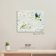 Load image into Gallery viewer, No. 264 Goldfinch and Dogwood, green chinoiserie canvas wrap, available framed
