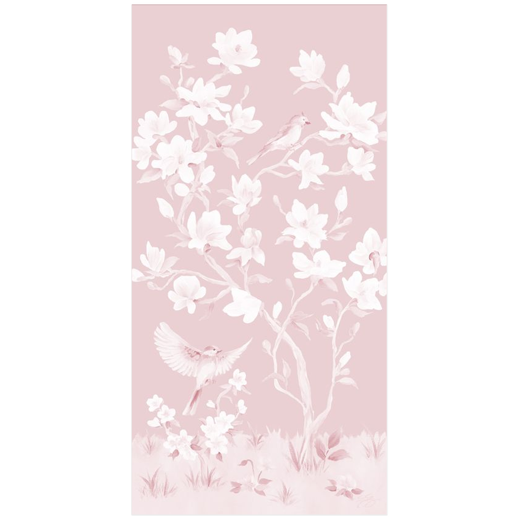 May, a tonal pink chinoiserie fine art print on paper with birds and magnolia flowers