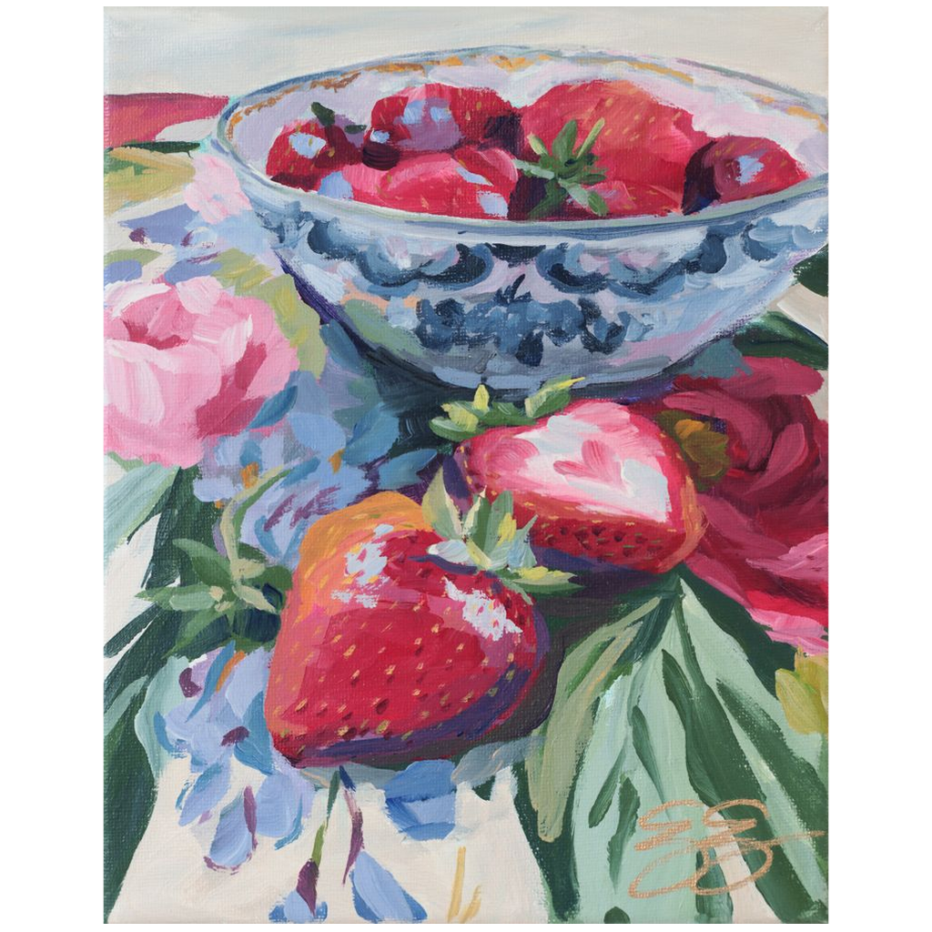 Strawberries on floral fabric, a fine art print on canvas