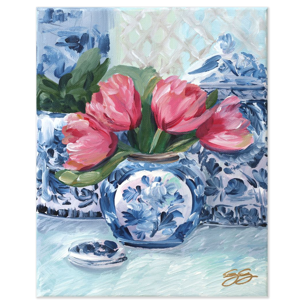 Pink Tulips, Blue Vase; a fine art print on paper