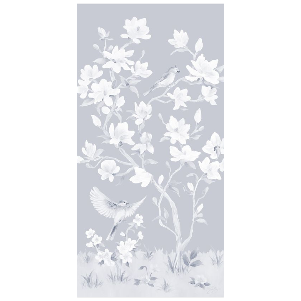 May, a tonal blue chinoiserie fine art print on paper with birds and magnolia flowers