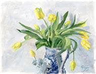 Original floral painting of yellow tulips in blue and white vase - 11 x 14