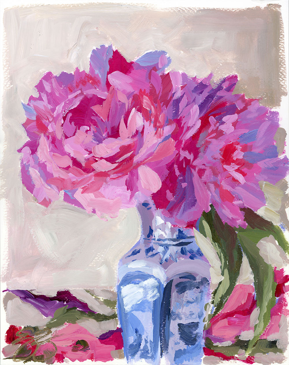 No. 385, pink peonies in blue and white vase, a fine art print on paper