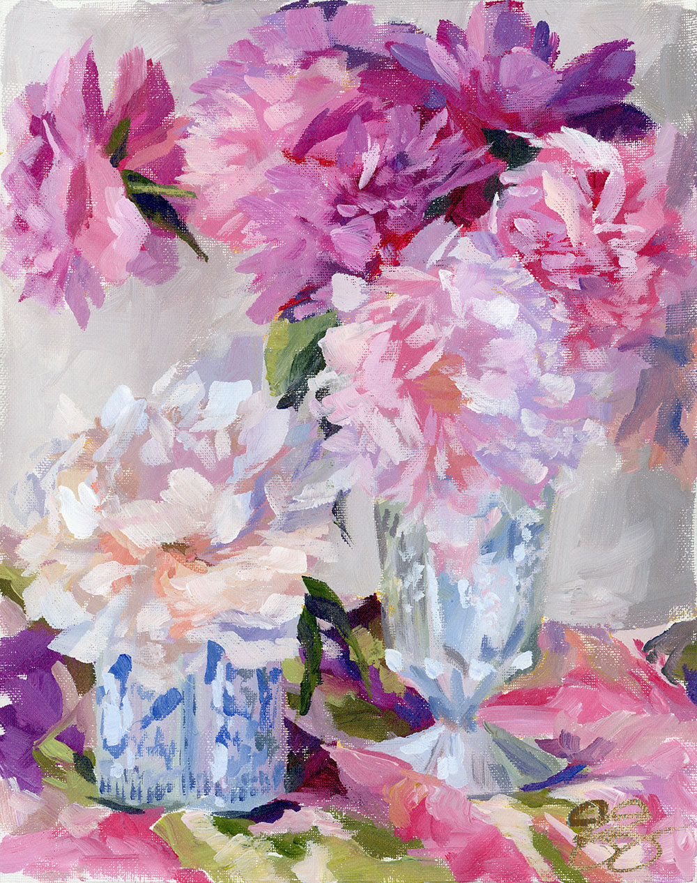 No. 386, pink peonies in blue and white and milk glass vases, a fine art print on paper