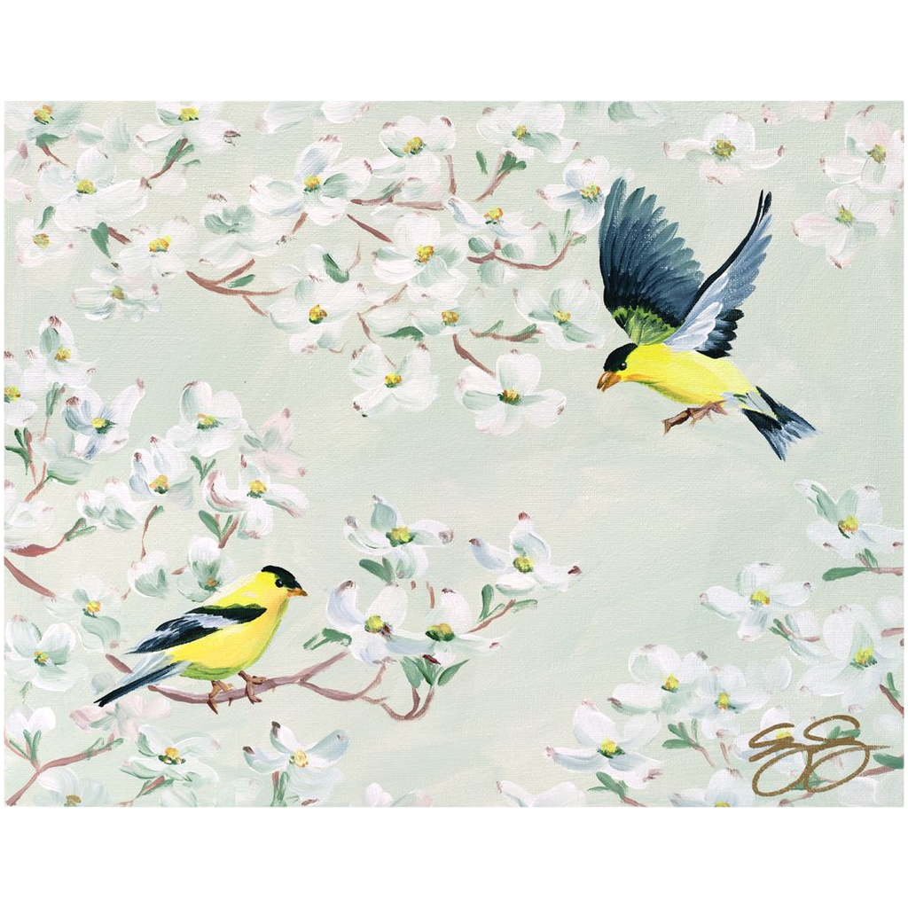 Goldfinch and Dogwood, a fine art print on canvas