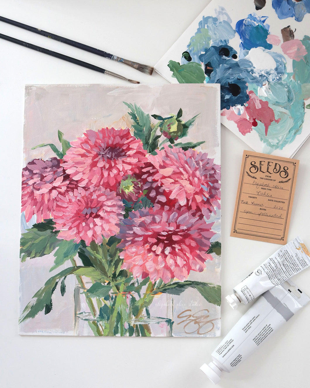 No. 400 Pink decorative dahlias no. 2, 11 x 14 + dahlia seeds