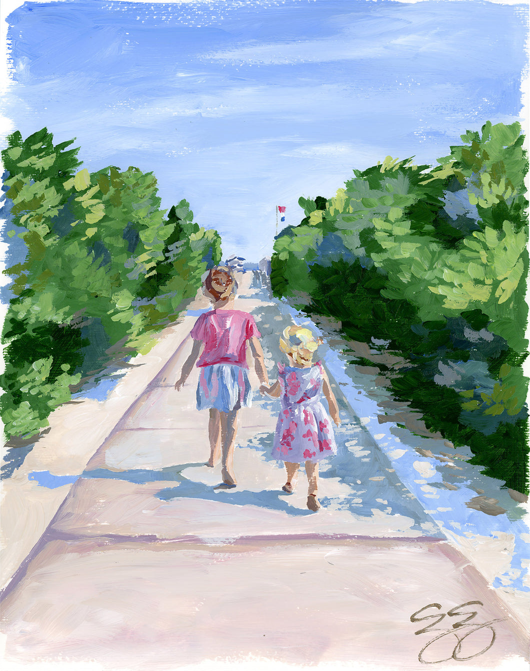 Two girls walking down a path - 11 x 14