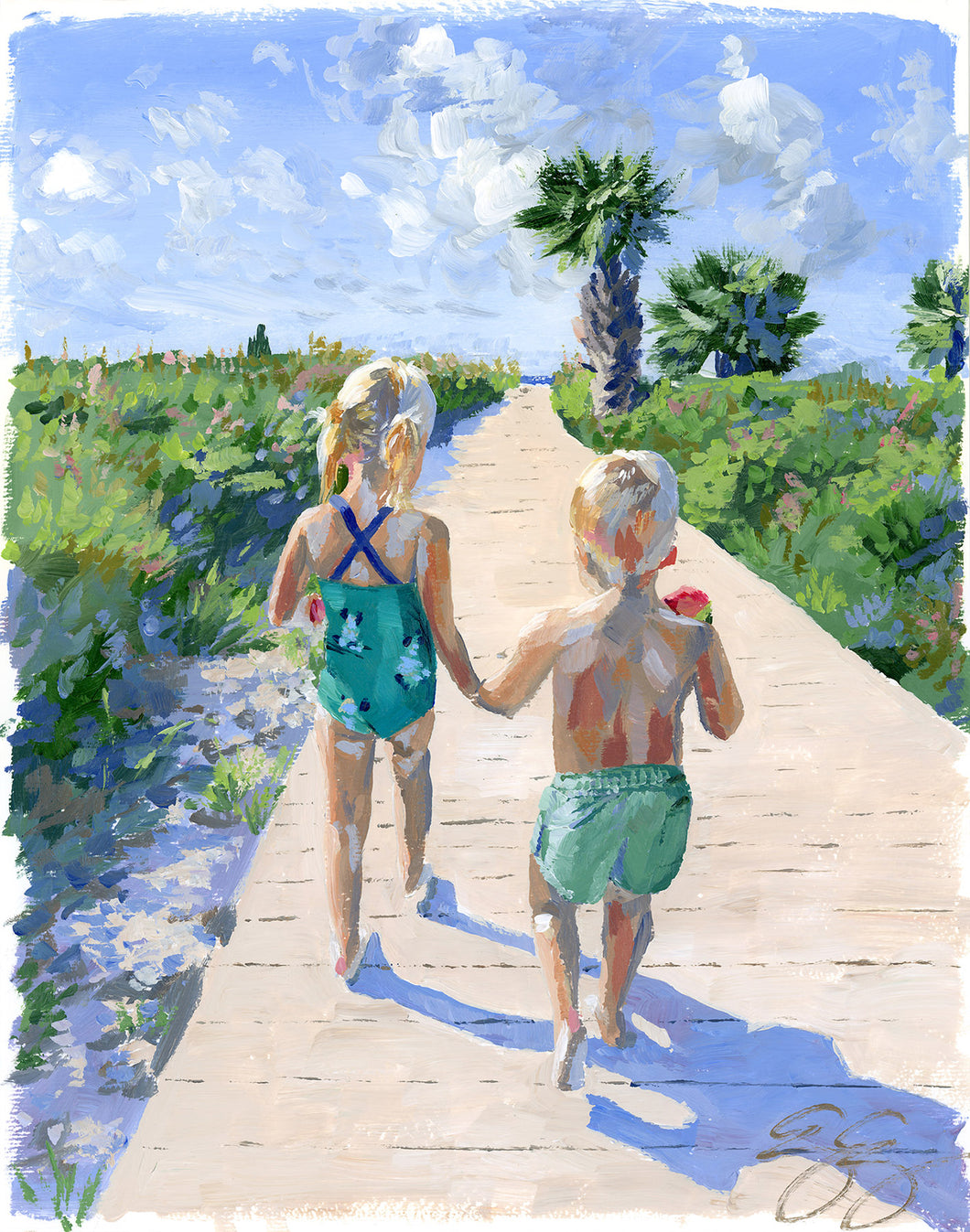 No. 409 Sister and brother walking to the beach, a fine art print on paper