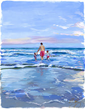 Load image into Gallery viewer, Dad with two girls in the waves - 11 x 14
